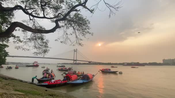 Kalkutta Westbengal Indien April 2022 Sonnenuntergang Über Dem Ganga Hooghly — Stockvideo