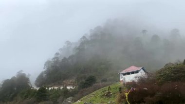 Bulutlu manzara ve ölü ağaç kütükleri donmuş Madhuri Gölü ya da Sangetsar Gölü Sangestar Tso Gölü üzerinde duruyor. Tawang, Arunachal Pradesh, Hindistan 'daki Bum la Pass yakınlarında yer alıyor.