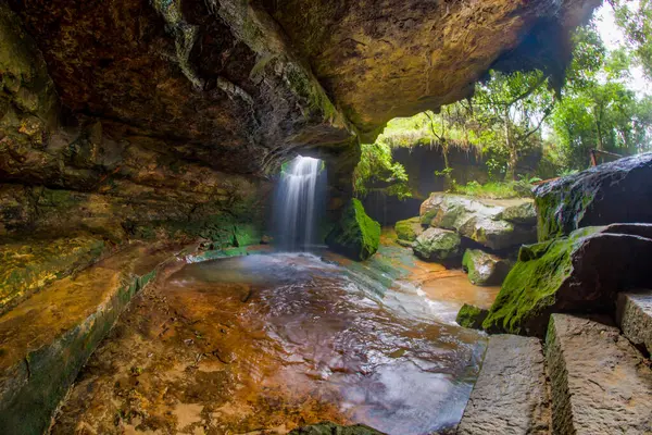 Sum syiem Şelalesi Laitmawsiang Village Meghalaya, Hindistan 'daki mağara bahçesinin yanındaki mağara şelalesine düştü..