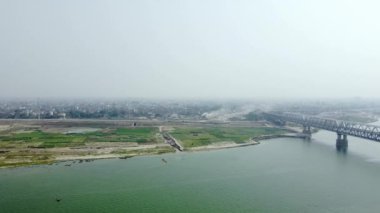  Aerial view of digha sonpur bridge or J. P. Setu isa rail-cum-road steel truss bridge across river ganga, connecting digha ghat in patna and pahleja ghat in sonpur at bihar India.