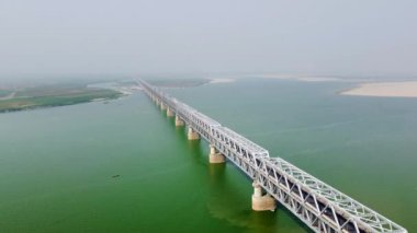  Aerial view of digha sonpur bridge or J. P. Setu isa rail-cum-road steel truss bridge across river ganga, connecting digha ghat in patna and pahleja ghat in sonpur at bihar India.