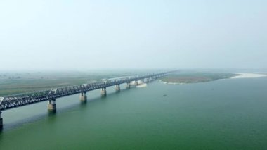  Aerial view of digha sonpur bridge or J. P. Setu isa rail-cum-road steel truss bridge across river ganga, connecting digha ghat in patna and pahleja ghat in sonpur at bihar India.
