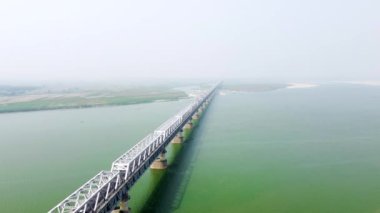 Aerial view of digha sonpur bridge or J. P. Setu isa rail-cum-road steel truss bridge across river ganga, connecting digha ghat in patna and pahleja ghat in sonpur at bihar India.
