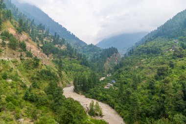  Parvati Nehri ve Hindistan 'ın Himachal Pradesh eyaletindeki Parvati Vadisi' ndeki Manyakan köyündeki yerel evler..