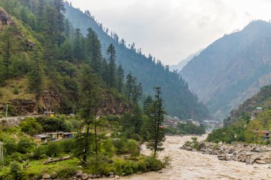  Parvati Nehri ve Hindistan 'ın Himachal Pradesh eyaletindeki Parvati Vadisi' ndeki Manyakan köyündeki yerel evler..
