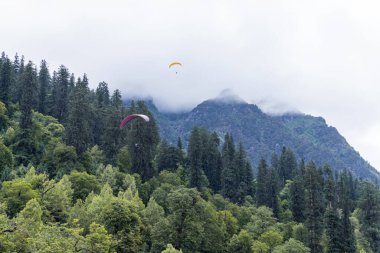 HImachal Pradesh Hindistan 'daki Manali yakınlarındaki Solang vadisinde paragliding.