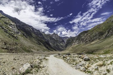 himalayan mountain landscape view of the road from chatru to batal in gramphu-batal-kaza road in Jilang, lahaul, himachal pradesh india.  clipart