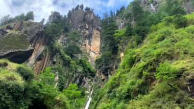 Manali, Himachal Pradesh, Hindistan, 3 Temmuz 2022. Jogini Şelalesi 'nin etrafı Himalayalar' daki sedir ormanlarıyla çevrili. Manali, Himachal Pradesh, Hindistan.