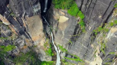 Jogini Şelalesi 'nin havadan görünüşü Hindistan' ın Manali kentindeki Himalayalar 'daki sedir ormanlarıyla çevrilidir.