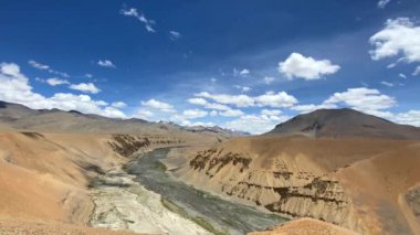 Hindistan 'ın Ladakh kentindeki Keylong-Leh yolundan geçen Moray Plains' teki sumkhel lungpa nehri ile güzel Himalaya dağlarının manzarası..
