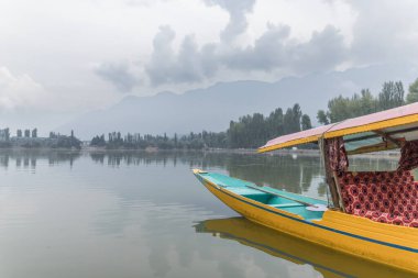 Srinagar, Kashmir, Hindistan 20 Temmuz 2022. Hindistan 'ın Srinagar, Kaşmir kentindeki Dal Gölü' nün rengarenk kayıkları ve arka planda güzel dağ sıralarının olduğu yaz manzarası..