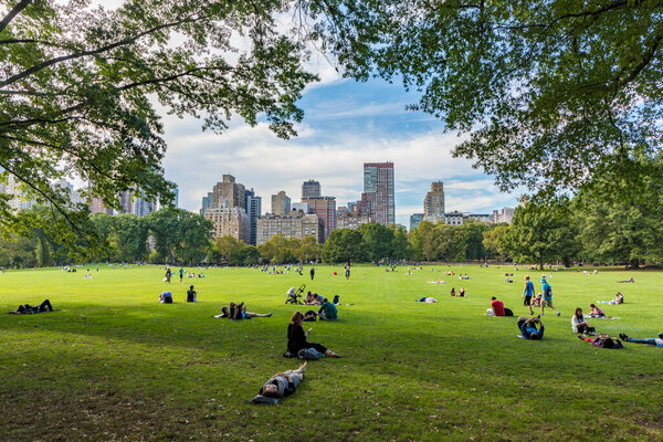 NEW YORK, USA - OCT 6, 2017: people relax in front of trees at Sheep Meadow Central Park in New York , USA.