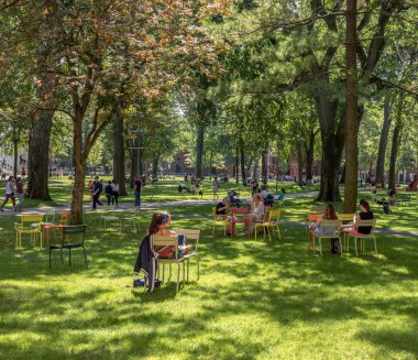 CAMBRIDGE, MA, ABD - 13 Eylül 2017: Harvard Yard 'da öğrenciler ve turistler, Cambridge, MA, ABD' deki Harvard Üniversitesi kampüsünün açık yaşlı kalbi.