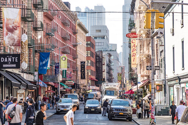 NEW YORK, USA - OCT 5, 2017: old buildings in little Italy downtown New York, Manhattan. Little italy is the place where most italien Immigrants life and a place for italian cooking.