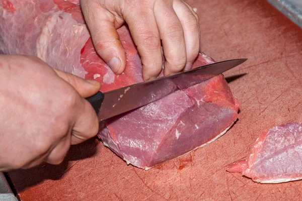 Detail Hand Butcher Cutting Fresh Filet Meat — Stock Photo, Image
