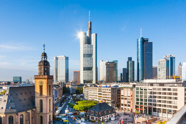 Frankfurt, Germany - October 9, 2009: view to skyline of Frankfurt with Hauptwache in Frankfurt, Germany. The Hauptwache is a central point and one of the most famous squares of Frankfurt.
