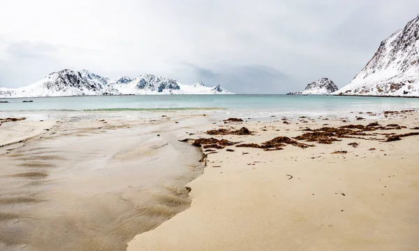 Paisaje Escénico Con Playa Océano Montañas Cerca Ciudad Nusfjord Las —  Fotos de Stock