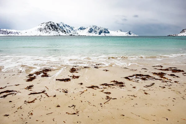 挪威Lofoten群岛Nusfjord镇附近有海滩 海洋和山脉的冬季风景 — 图库照片