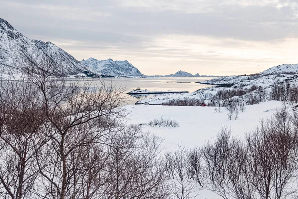 Vista Pueblo Noruego Henningsvaer Con Montañas Cubiertas Nieve —  Fotos de Stock