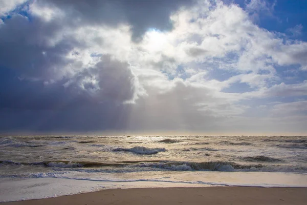 Sea Landscape Huge Waves Lightbeam Sylt Germany — Stock Photo, Image
