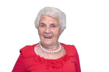 Sandalyede oturan çok yaşlı çekici bir kadının portresi.