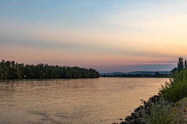 scenic river Rhine landscape in sunset mood