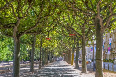 wiesbaden, Germany -September 4, 2022: alley in Wiesbaden with red lifebuoys showing the high of the water of the flood in the Ahr valley in Germany.