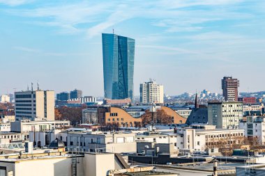 Frankfurt, Germany - December 13, 2022: scenic view to the city of Frankfurt with its skyscraper and teh European central bank building.. Frankfurt is the financial center in Germany.