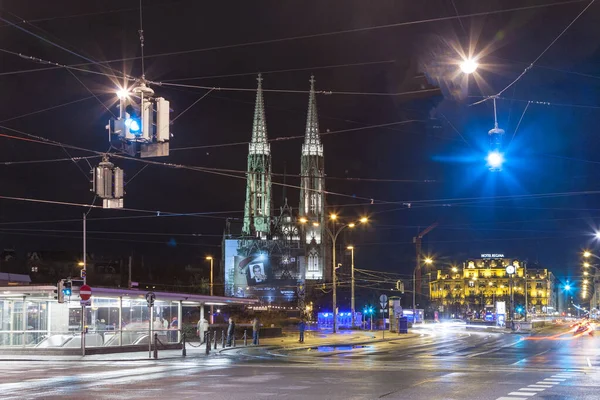 Vienna Swedenplace Night Traffic Lights View Wonderful Church Austria — Foto Stock
