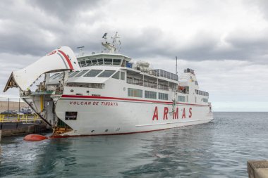 Corralejo, Spain - January 29, 2023: Ferry Armas is ready to head to Playa Blanca at the island of Lanzarote from Fuerteventura, Spain.