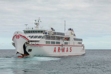 Corralejo, Spain - January 29, 2023: Ferry Armas is ready to head to Playa Blanca at the island of Lanzarote from Fuerteventura, Spain.