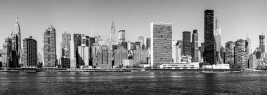 New York, USA - August 23, 2015: skyline of New York seen from east river. The East River is a salt water tidal strait in New York City. The waterway connects Upper New York Bay to Long Island Sound.