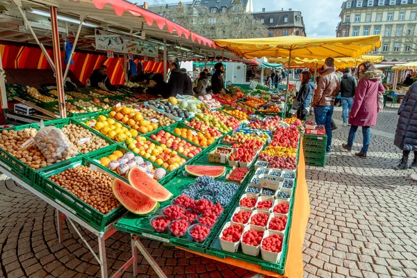 Wiesbaden Germany February 2023 Farmers Sell Fresh Vegetables Fruits Farmers — Stock Photo, Image