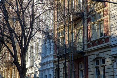 old historic facade of 19th century building in Wiesbaden with trees in front, Germany