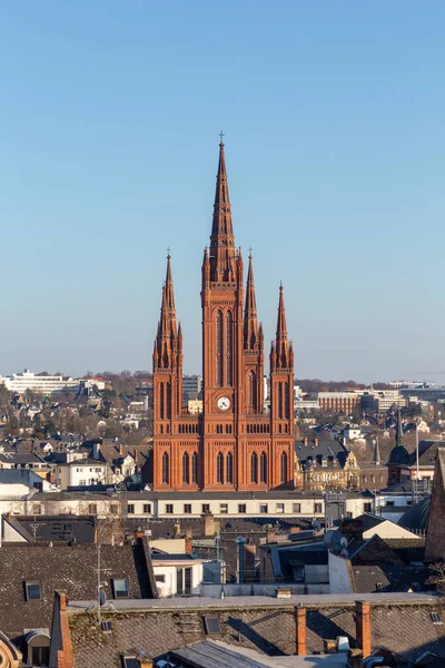 威斯巴登市中心的空中 着眼于Marktkirche Engl 市场教堂 德国黑森 — 图库照片