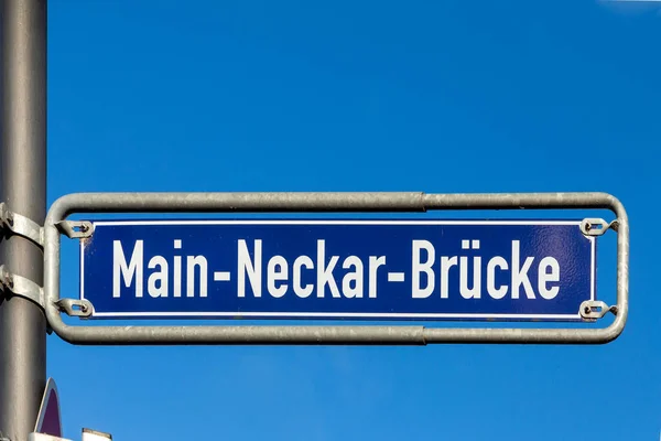 old enamel street name sign Main Neckar bridge - engl:  river Main and Neckar bridge - in Frankfurt, Germany.