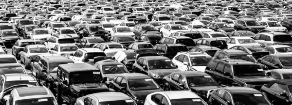 Νέα Αυτοκίνητα Που Περιμένουν Στο Χώρο Στάθμευσης Στο Αεροδρόμιο — Φωτογραφία Αρχείου