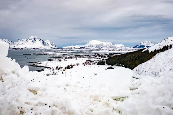 Vista Panorâmica Para Oceano Gelado Nas Ilhas Lofoten Noruega — Fotografia de Stock