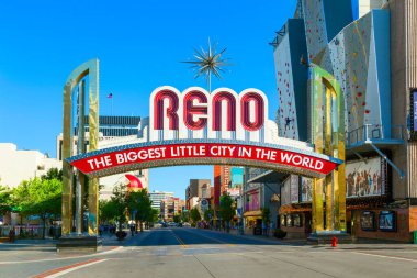 RENO, USA - JUNE 17, 2012:: The Reno Arch   in Reno, Nevada. The original arch was built in 1926 to commemorate the completion of the Lincoln and Victory Highways. clipart