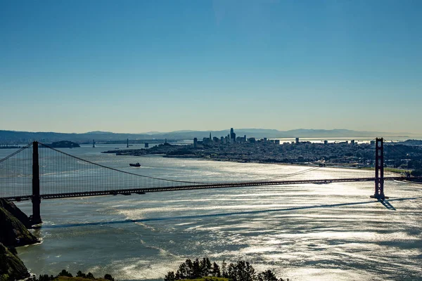 Skyline San Francisco Avec Pont Porte Dorée Coucher Soleil Contre — Photo