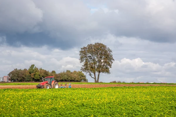 拖拉机在秋天的风景秀丽的田野里犁地 — 图库照片
