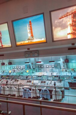 Orlando, USA - July 25, 2010: Apollo 1960s mission control equipment on display in Kennedy Space Center, USA clipart