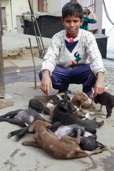 2009年12月10日 印度瓦拉纳西 男孩在印度瓦拉纳西出售幼犬 在印度吃狗肉 — 图库照片