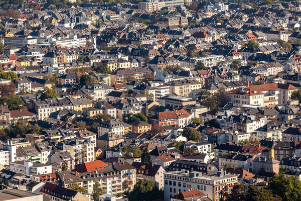Aerial of living area in Frankfurt, Germany with three and four floor buildings.