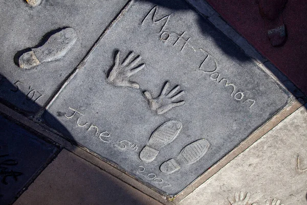 Los Angeles Usa June 2012 Handprints Matt Damon Hollywood Concrete — Stock Photo, Image