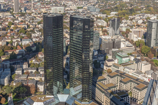 Frankfurt, Germany - October 1, 2011: aerial of Frankfurt am Main with skyscraper and view to headquarter of Deutsche Bank - engl: german bank.