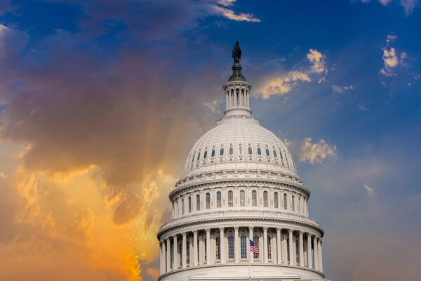 US Capitol in Washington DC in dramatic sunset, USA