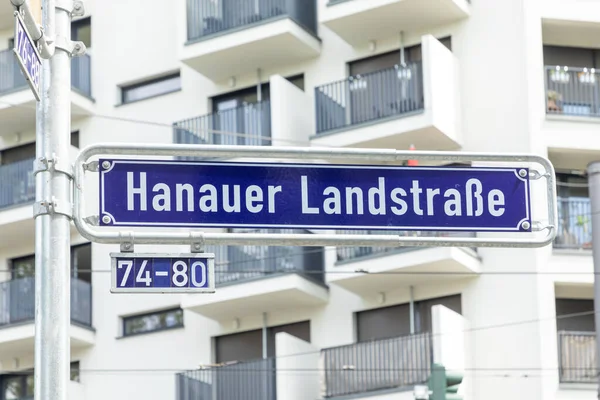 Street Sign Hanauer Landstrasse Engl Road Hanau Blue Enamel Frankfurt — Stock Photo, Image