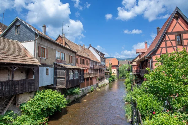 Picturesque Colorful View Half Timber Buildings Small Creek Village Kaysersberg — Stock Photo, Image