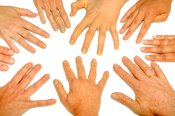 Many Hands Table Isolated White — Stock Photo, Image